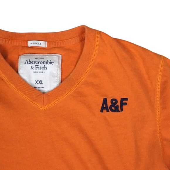 Y2K Abercrombie & Fitch Mens 2XL Orange V-Neck Muscle Fit Tee A&F Appliquéd - Picture 3 of 10